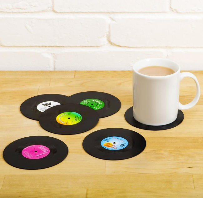 RETRO VINYL RECORDS COASTERS SET. A fun product packed in a box where the coasters are stored.