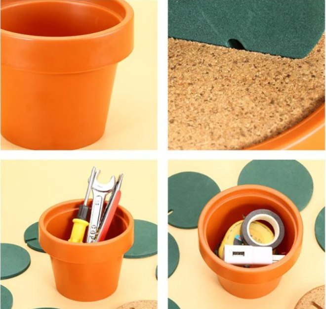 CACTUS COASTER WITH FLOWER POT HOLDER. A fun gift for office and coworkers. Store your pencils, small tools or small office supplies in a flower pot.