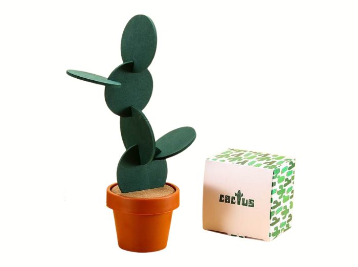 CACTUS COASTER WITH FLOWER POT HOLDER. A fun product for your drinks. Green coasters that can be placed in a flower pot to look like a cactus.