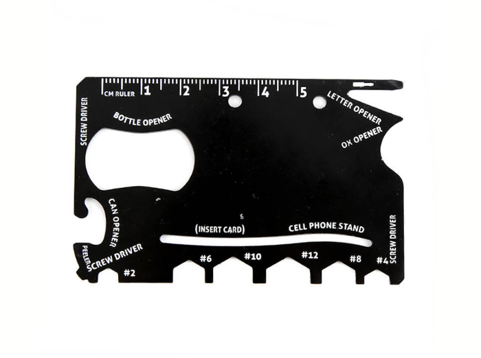 THE WALLET NINJA 18-IN-1 CREDIT CARD SIZE MULTI-TOOL. A fun product and credit card-sized tool box made from 4x heat-treated steel, with screwdriver, bottle opener, box opener, can opener, cellphone stand, eyeglass screwdriver, beer opener, fruit peeler, ruler, letter opener, hex wrench.