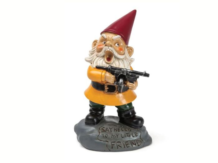 MACHINE GUN GARDEN GNOME. A fun product and a funny gift for garden decoration.