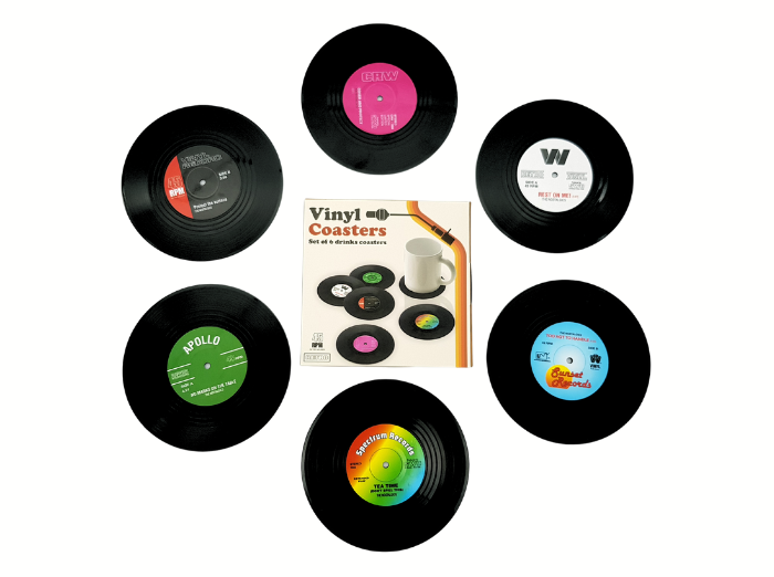 RETRO VINYL RECORDS COASTERS SET. A fun product for your drinks in shape of retro vinyl records.