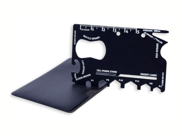 THE WALLET NINJA 18-IN-1 CREDIT CARD SIZE MULTI-TOOL. A fun product and credit card-sized tool box made from 4x heat-treated steel, with screwdriver, bottle opener, box opener, can opener, cellphone stand, eyeglass screwdriver, beer opener, fruit peeler, ruler, letter opener, hex wrench.