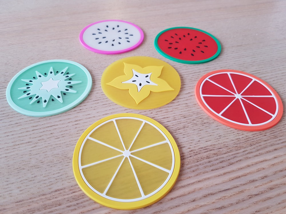 FRUIT INSPIRED COASTERS. Funny fruit coasters for your drinks such as juice, tea, coffe or cocoa.