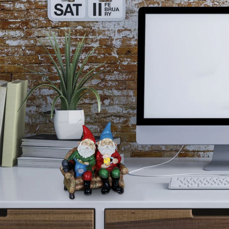 BUDDIES RELAXING ON SOFA GARDEN GNOMES. A special occasion gift for indoors.
