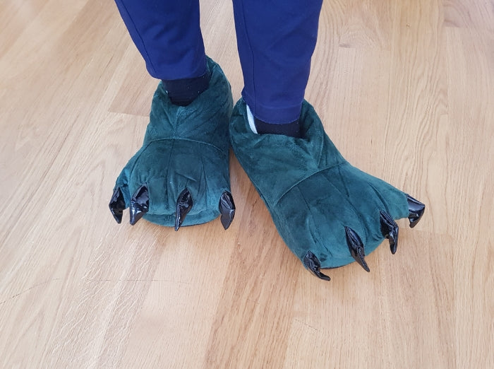 Wearing dinosaur slippers a fun footwear.