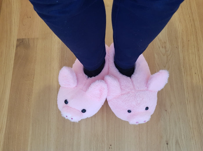 Wearing soft plush pig slippers