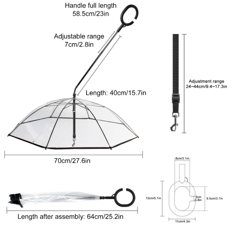 ADJUSTABLE TRANSPARENT UMBRELLA WITH LEASH FOR SMALL PUPPIES
