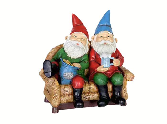 BUDDIES RELAXING ON SOFA GARDEN GNOMES. A fun product and a funny gift for garden decoration.