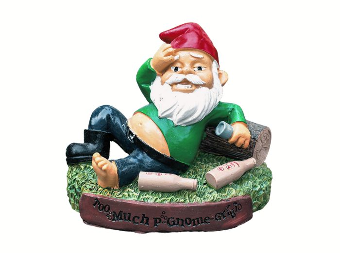 HUNGOVER GARDEN GNOME. A fun product and a funny gift for garden decoration where the gnome is laying on a floor holding his head with bottles around.