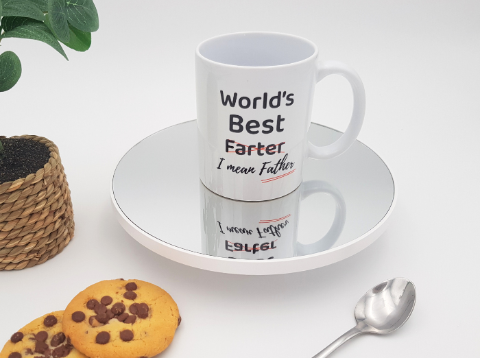 WORLD GREATEST FARTHER FATHER MUG. A funny gift for any occasion. White mug with a text on it "World greates farther, I mean father mug".