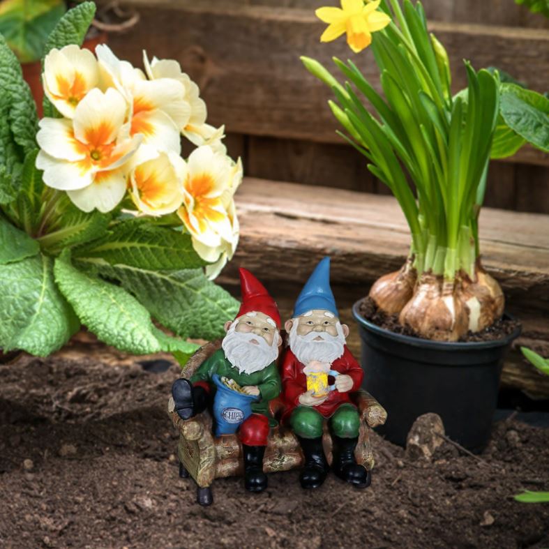 BUDDIES RELAXING ON SOFA GARDEN GNOMES. A special occasion gift and funny gift for garden.