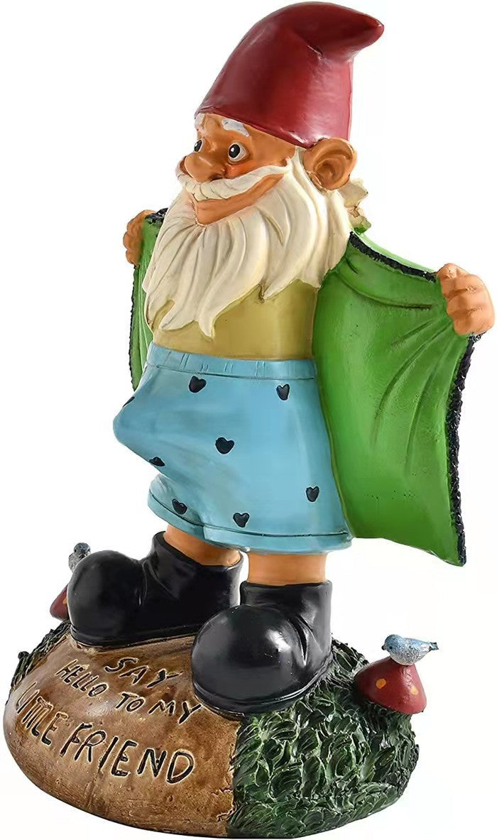 NAUGHTY "LITLLE FRIEND" GARDEN GNOME. Fun and funny garden decoration for a friend, girlfriend or a boyfriend seen from right side.